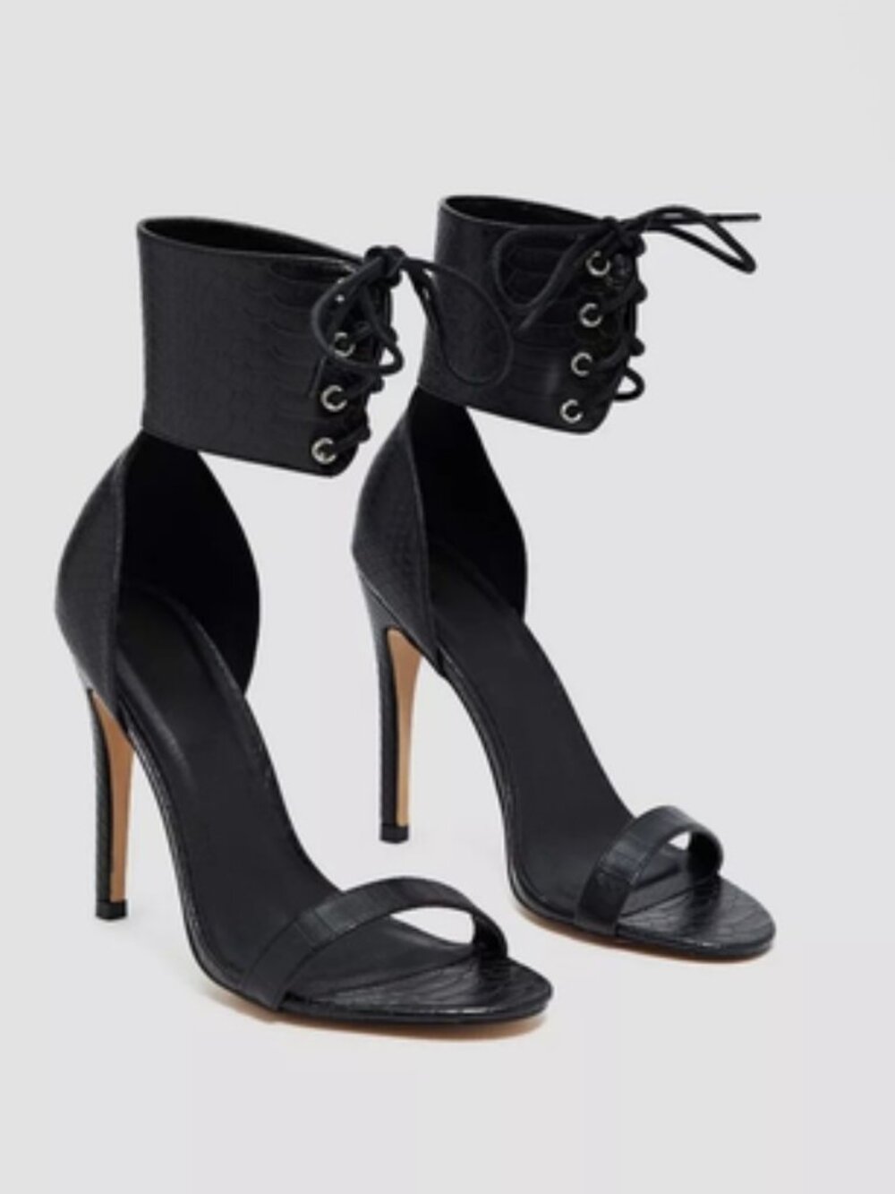 Nasty Gal Size US 7 Black Croc Lace Up Embossed Stiletto Heel Pumps Open Toe